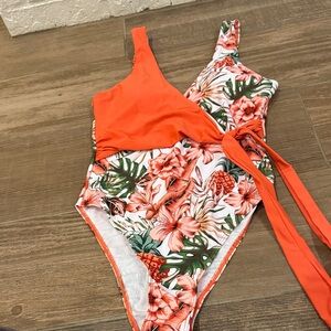 Girls One-Piece Tropical Floral Swimsuit in Coral